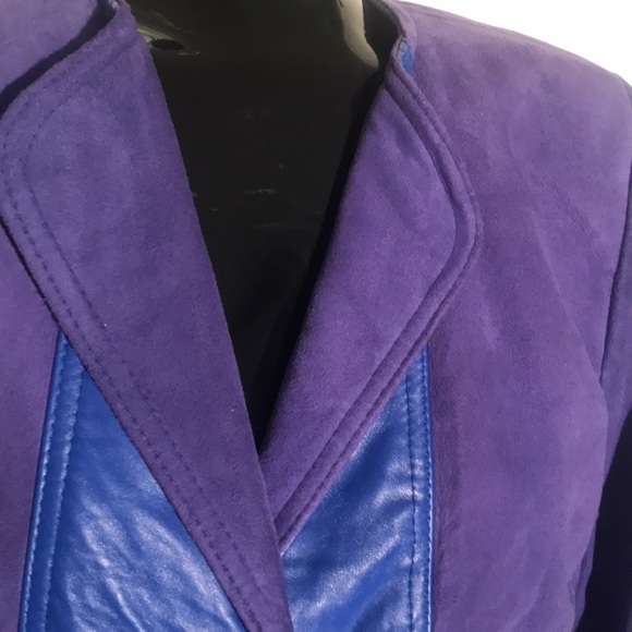 1980's VINTAGE PURPLE SUEDE & LEATHER  BLAZER WITH SHOULDER PADS SIZE 6 - Picture 4 of 10